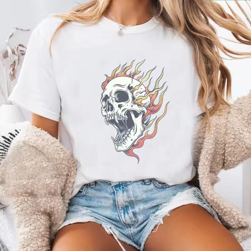 Funny Flame Skull Printed T-shirt Men Women Casual Cotton Short Sleeve T Shirt Loose Comfortable Round Neck Printed Tees