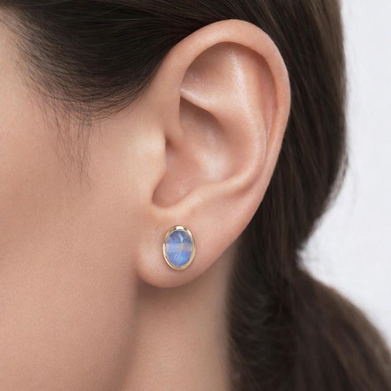 Solid 925 sterling Silver Moonstone Gemstone Stud Earrings Gift For Her Silver Jewelry