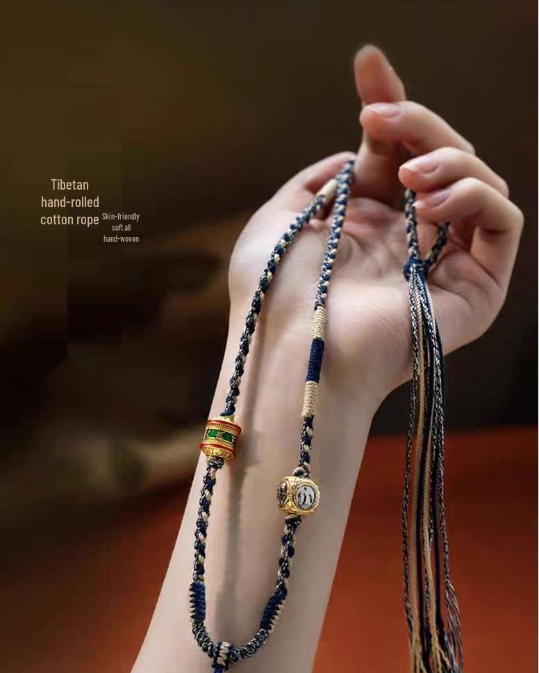 Tibetan Style Woven Thangka Pendant Necklace with Buddha Amulet and Six-Syllable Mantra.