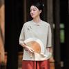 Johnature Women Chinese Style Shirts Tops Solid Color Summer Stand Button Vintage Women Shirts
