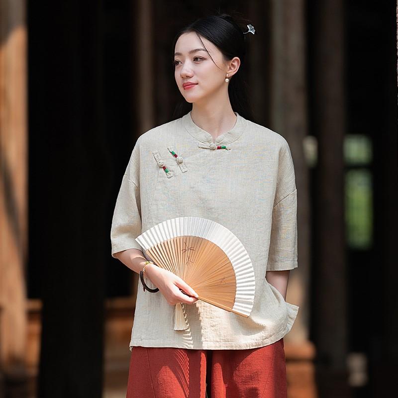 Johnature Women Chinese Style Shirts Tops Solid Color Summer Stand Button Vintage Women Shirts