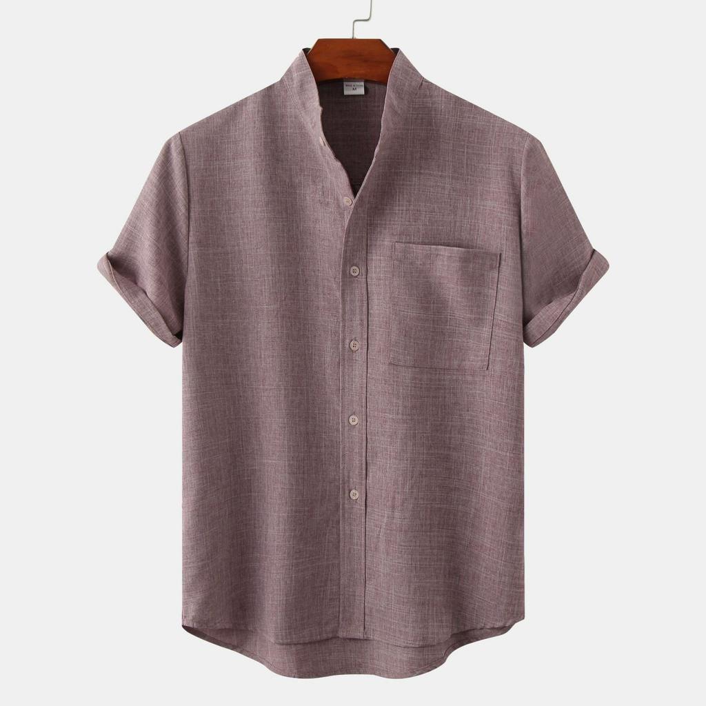 Camicia da Uomo in Cotone e Lino Monocolore a Maniche Corte da Uomo