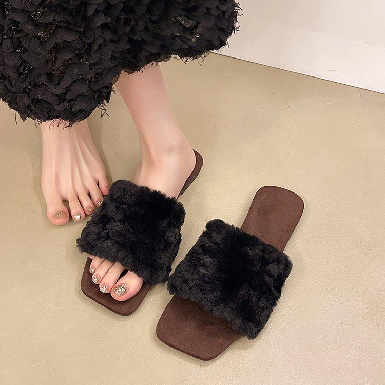 

Retro square head fluffy slippers women s outer wear 2024 autumn new plush one-word cotton mop 35 чёрный