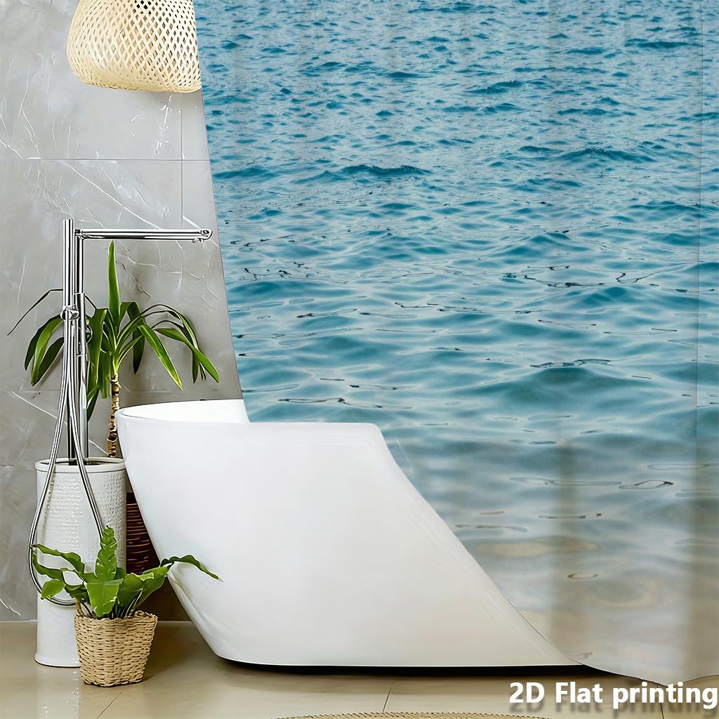Ozeanwelle Duschvorhang 1 Stück Polyester 2D Flachdruck 70,8x70,8" Realistische Blaue Wasserwellen Cremefarbener Sandboden
