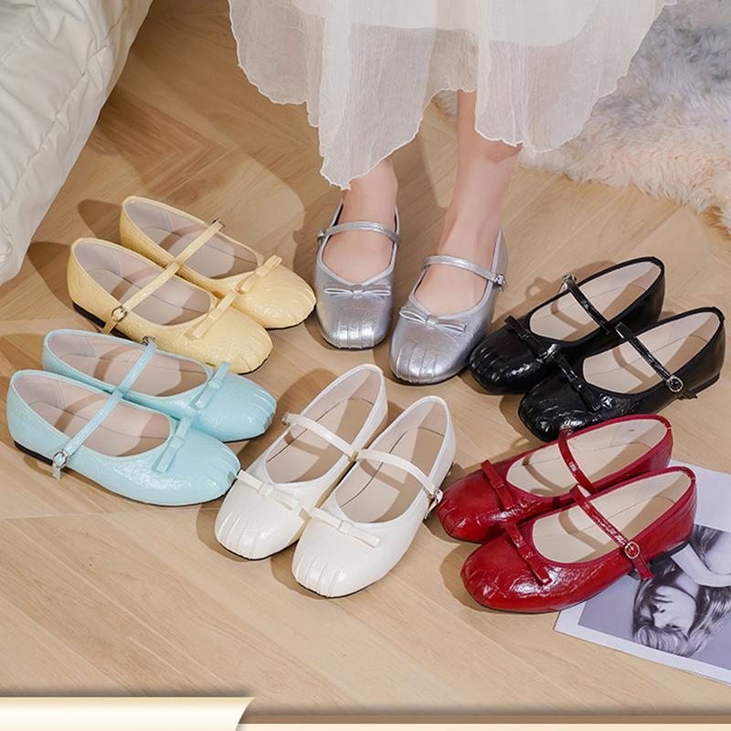 Fashion Leather Pleated Bowtie Flats Women Round Toe Ballerina Shoes Silver Leather Candy Color Loafers Bowknot Lolita Shoes Big Size 42