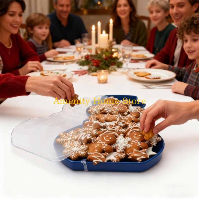 F26C Christmas Serving Tray & Festive Christmas Biscuit Storage with Lid Holiday Snowflake Tree Character Container for Snacks