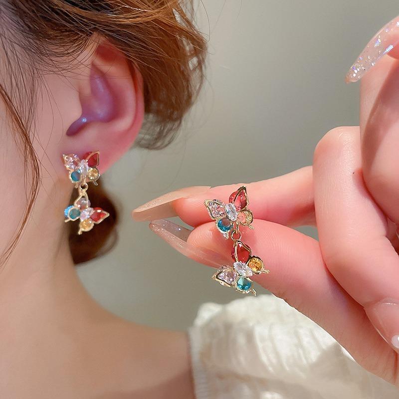 Silver needles small fresh gradual change artificial crystal butterfly stud earrings ear buckle explosion atmosphere flower earrings earrings women