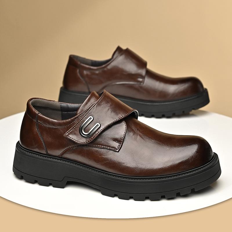 Casual Leather Shoes Men's Spring Business Dress Black Thick-soled Heightening Round Head Men's Big Head Leather Shoes