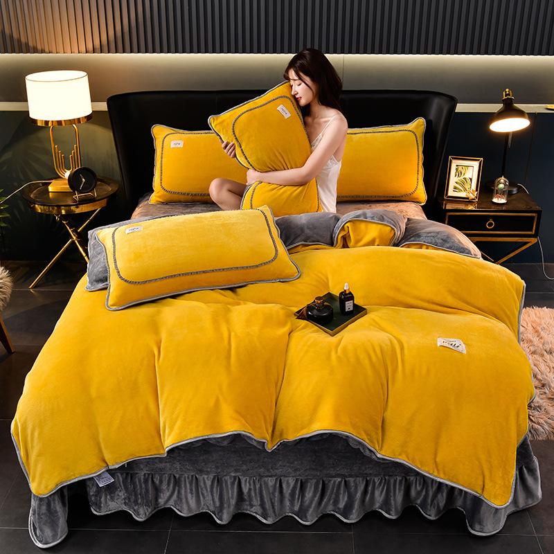Solid color milk fleece four-piece set, winter thickened warm student dormitory bed sheet four-piece set