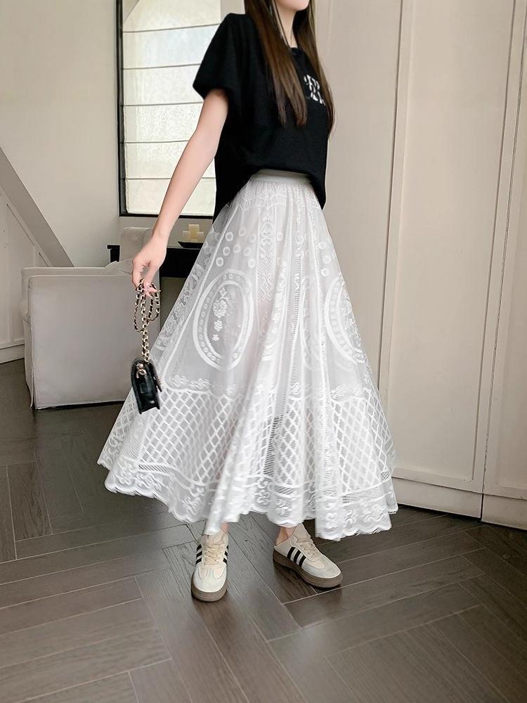 White Lace Hollow Out Cheongsam Petticoat - French Style Mid-Length Swing Skirt