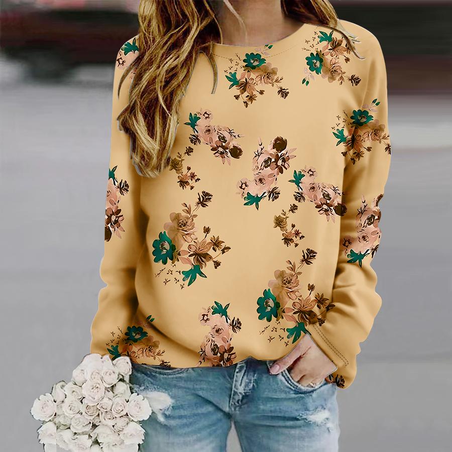 Топы для женщин Красивая роза Принт Круглый вырез Длинный рукав Футболка Осенний — фото 4