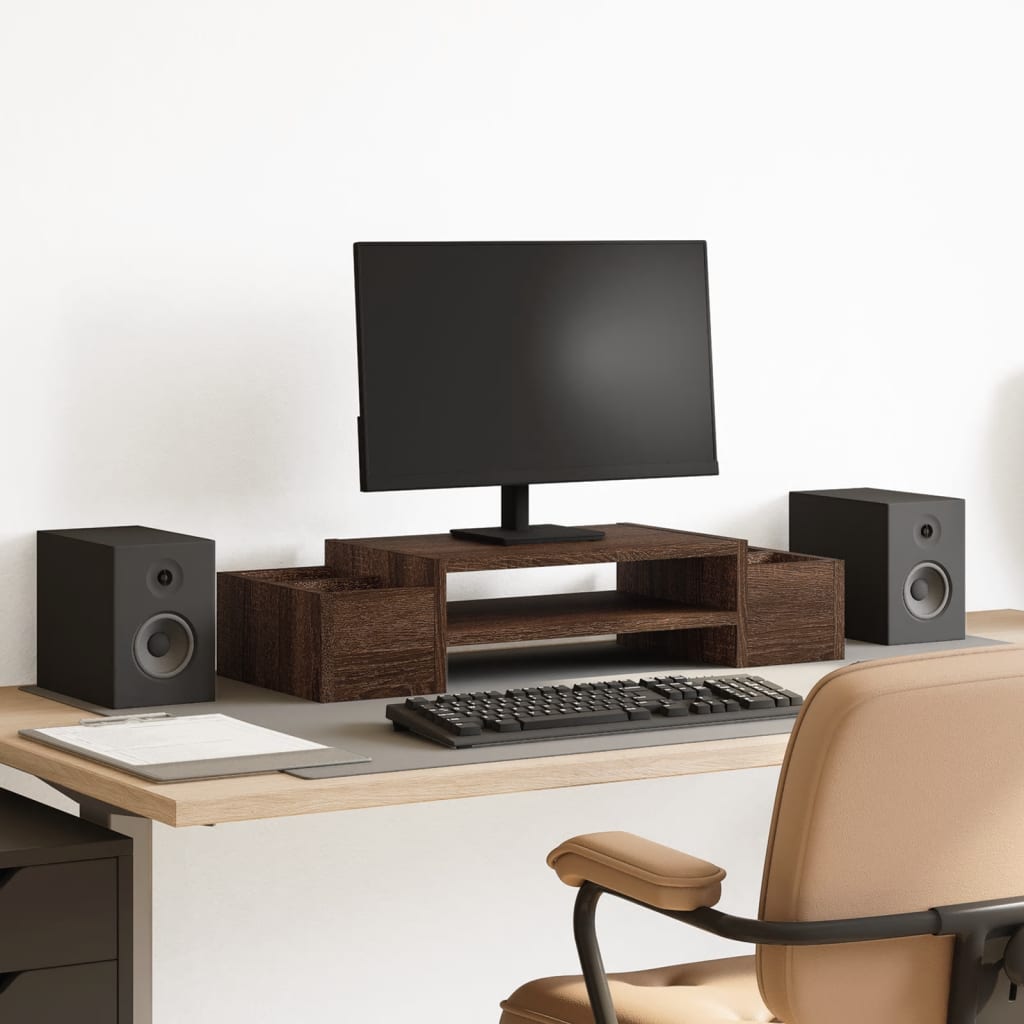 Monitor Stand with Storage Space Oak Effect 70 X 27 X 15 Cm Wood Based Material