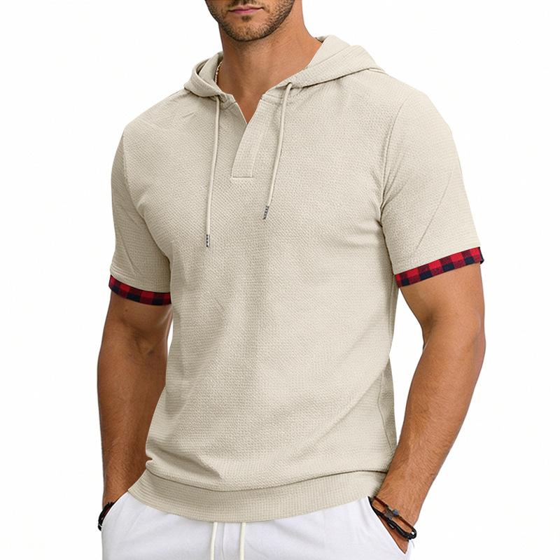 Men's Hooded T-Shirt Short Sleeve Contrast Plaid Cuff Drawstring Breathable Casual Pullover Tops Summer Hooded Tees Men