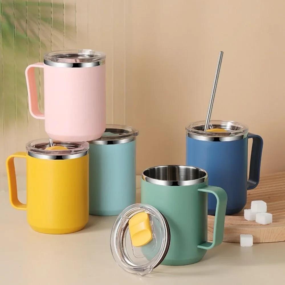 1PC 450ML Coffee Cup with Handle Lid Straw Insulated Cup Vacuum Stainless Steel Double Layer Large Capacity Portable Traveling
