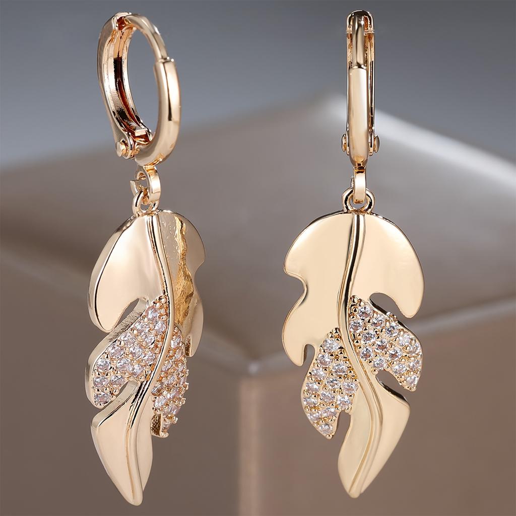 Fashion Long Leaf Set Round Zirconia Earrings for Women
