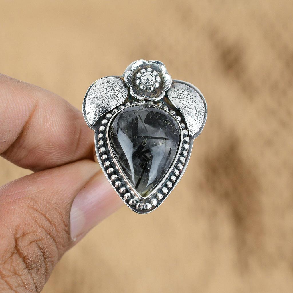 Womens Day Sale Sterling Silver Pear Black Rutile Gemstone Daughter Flower Ring