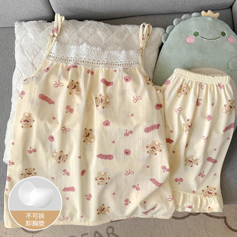 Summer Imitation Cotton Lace Edge Pure Desire Suspender Shorts Pajamas Women's Pajamas with Chest Pads Pajamas Set Loungewear Real Shot