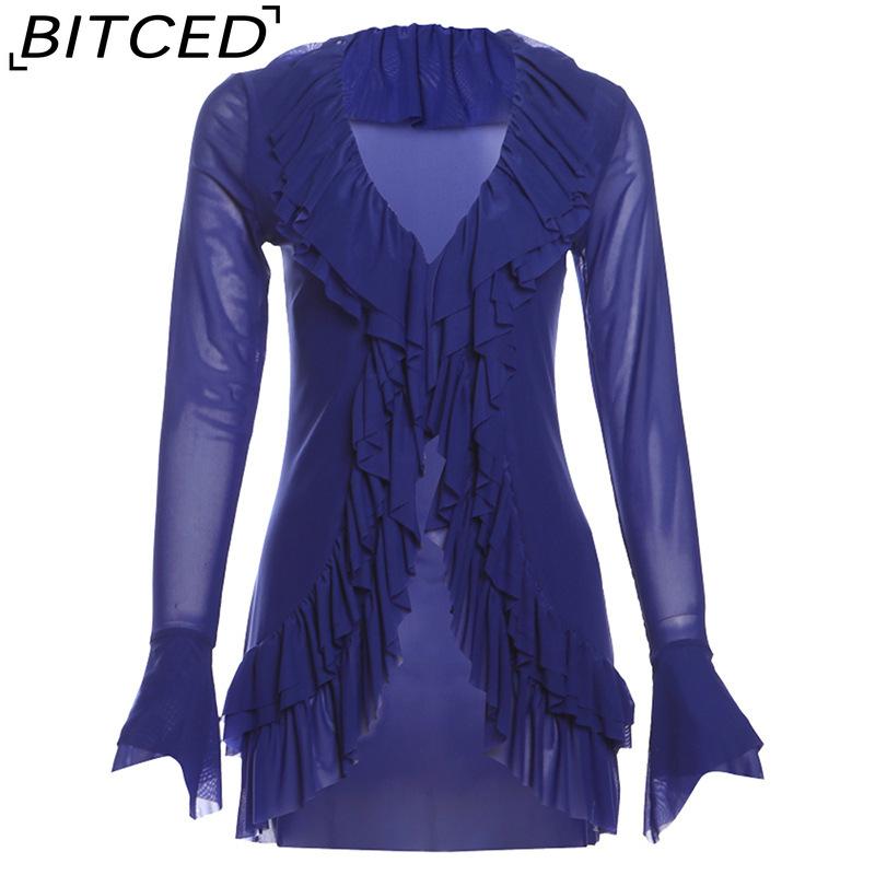 BITCED Fall Women's Solid-Color Slim-Fit Streetwear V-Neck Long-Sleeve Mesh Top