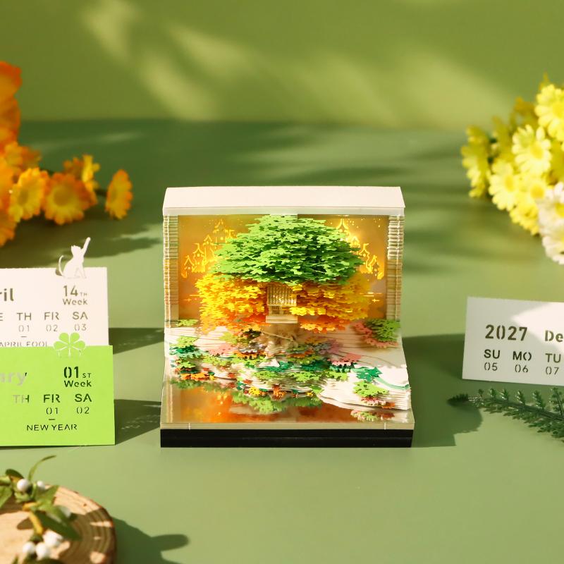 Time Piece Calendar 2027 Desk Calendar With Led Light 3D Tear-Away Calendar Paper Carving Art Memo Pad Notepad Desktop Decor