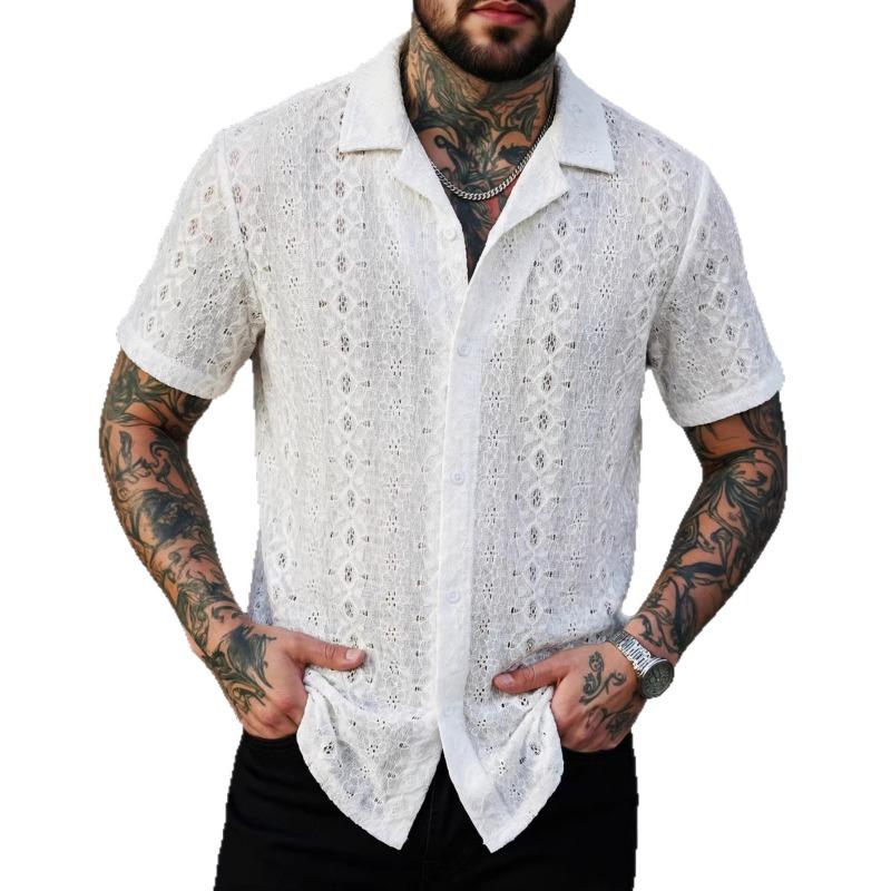 Mens Lace Crochet Short Sleeve Cuban Collar Shirt S белый