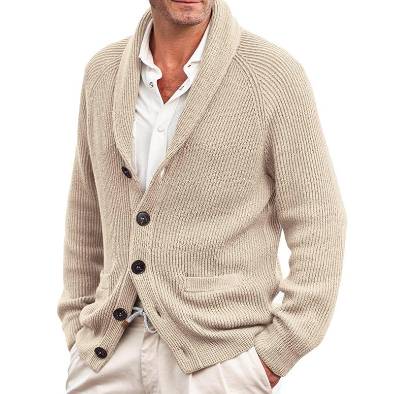 Men's Cardigan Sweater with Turn-down Collar and Long Sleeves