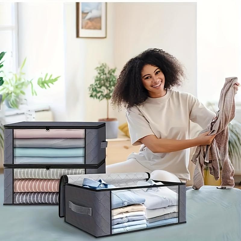 Non-Woven Fabric Storage Bins with Large Clear Windows Zipper Closure Foldable Organizer Boxes for Clothes Bedding Toys Blankets