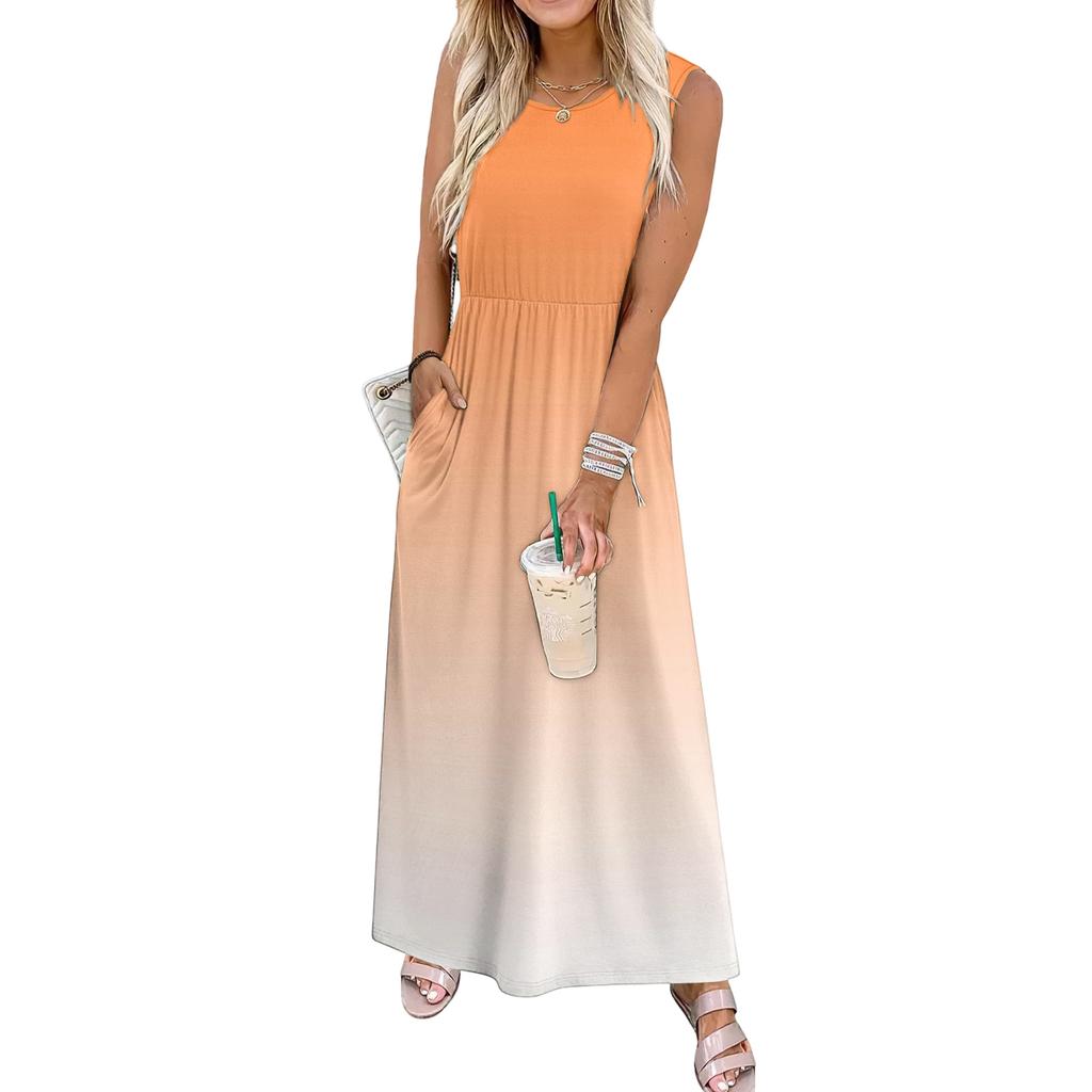 Ladies' Gradient Printed Casual and Fashionable Waist Cinched Sleeveless Dress