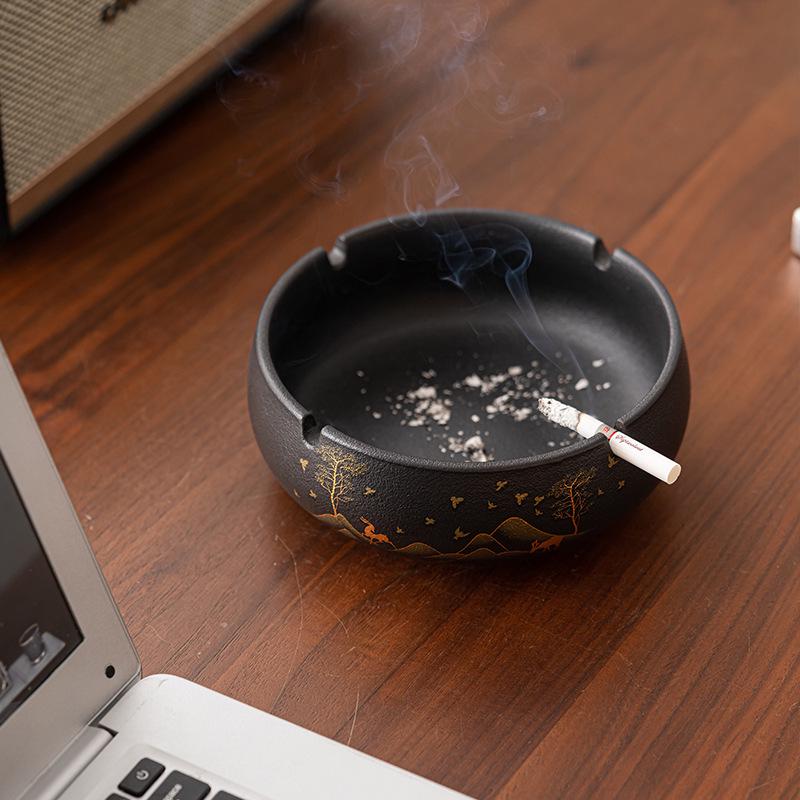 Retro Chinese-Style Large Windproof Ashtray - Coarse Pottery Design, High-End Luxury Cigarette Holder for Home & Office
