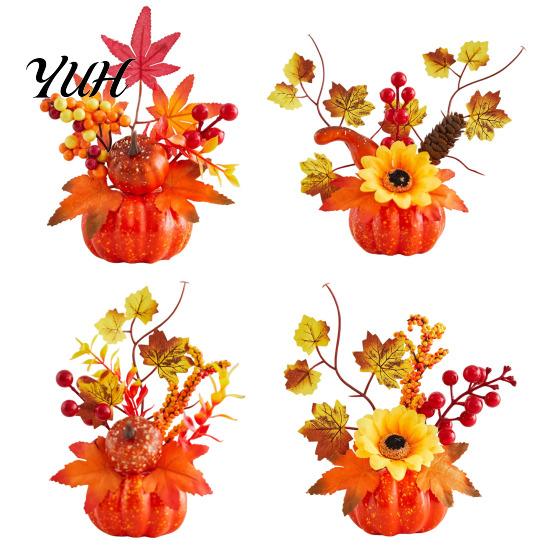 Reusable Festival Table Topper Fall Artificial Pumpkin Centerpiece, Autumn Fake Decoration with Sunflowers, Realistic Thanksgiving Props Maple Leaves