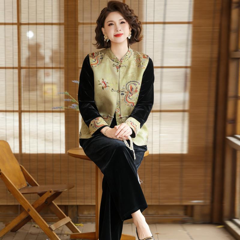 

Elegant Mid-Aged Moms Chinese Floral Vest & Golden Velvet Three-Piece Spring Set 4XL 130-145 jin