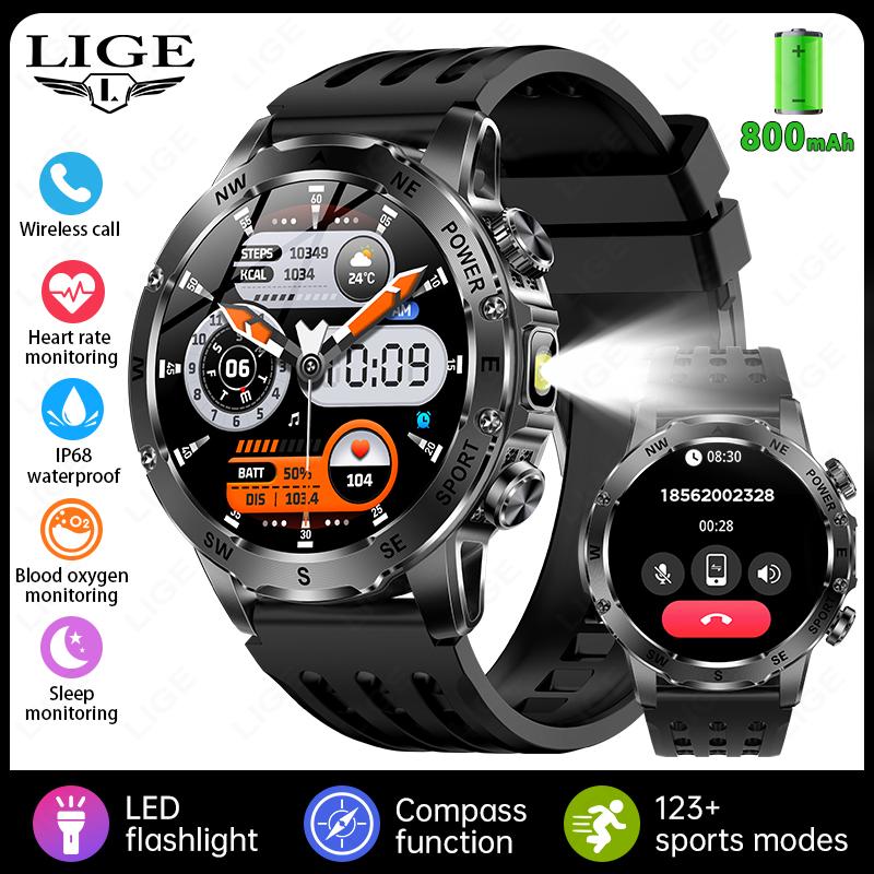 800mAh Large Battery Durable Adult Smart Watch Compass LED Flashlight IP68 BT Call Heart Rate 100+ Sports Smartwatch Men