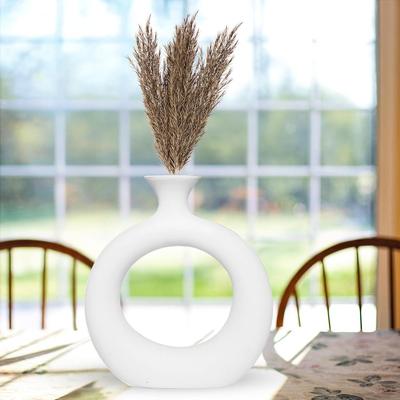 Ceramic 'White Slim Donut Vase' 6 Inch - Set of 1 | Decorative Round Vase for Dried Flowers and Pampas Grass | Vases for Home Decor,