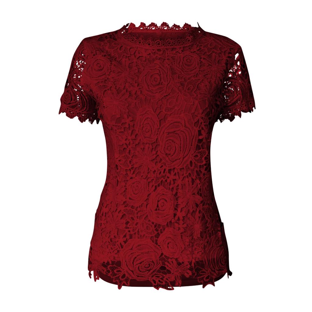 Women's Color Lace Splicing Short Sleeve Round Neck Tops