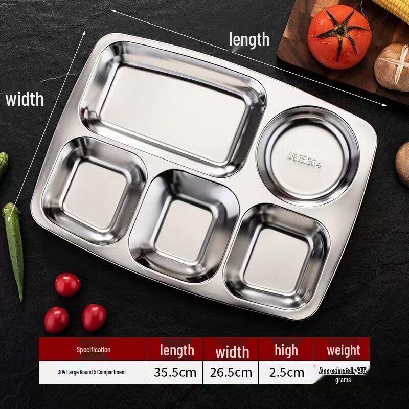 Yingtang 304 Stainless Steel 5-Compartment Round Lunch Tray - 10 Pack