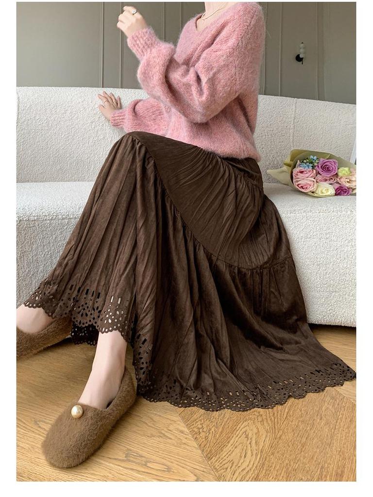 Pleated Suede Velvet A-line Skirt with Elastic High Waist