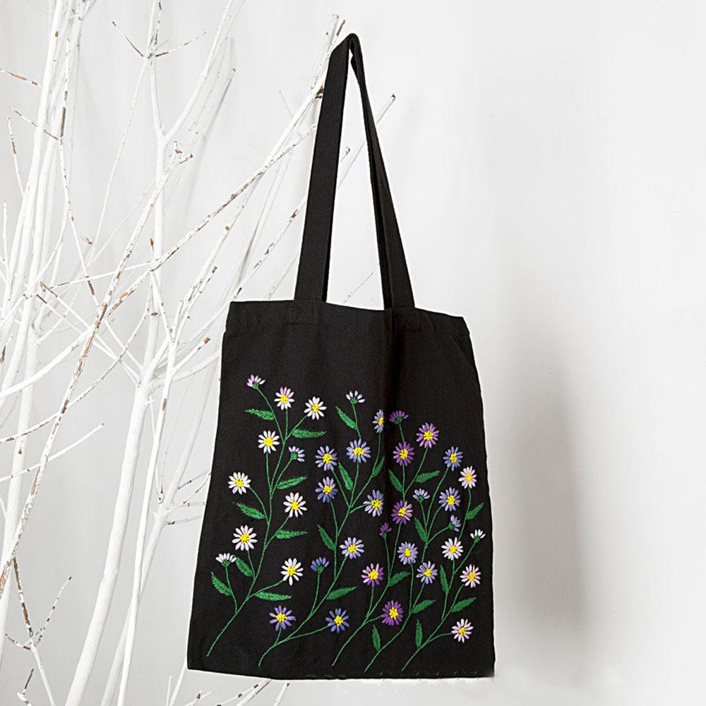 1 Set DIY Stickerei Kreuzstich-Set Nadelmalerei Blumen Schwarzes Segeltuch Wiederverwendbare Damen-Einkaufstasche Handarbeit Nähzubehör