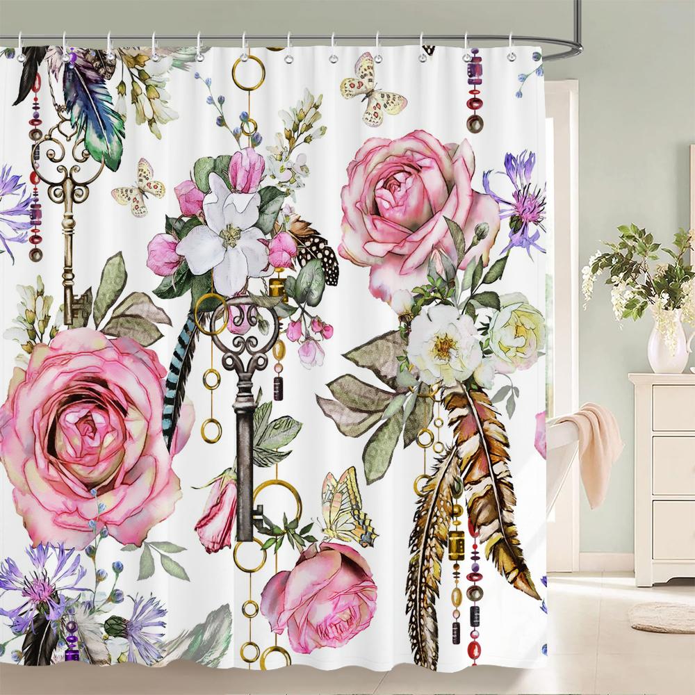 Eleganter Blumenvorhang 180x180cm Floral bedruckter Duschvorhang Polyester Badvorhang Badezimmerdeko Waschbar mit Haken