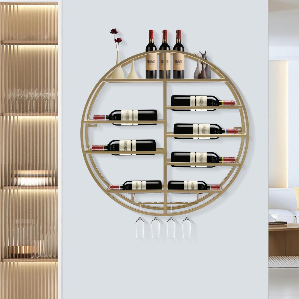 Gold Wall Mounted Wine Rack, Round Iron Wine Display Shelf for 4 Glasses, 60cm Diameter Rustic Home Bar Storage, Kitchen Decor