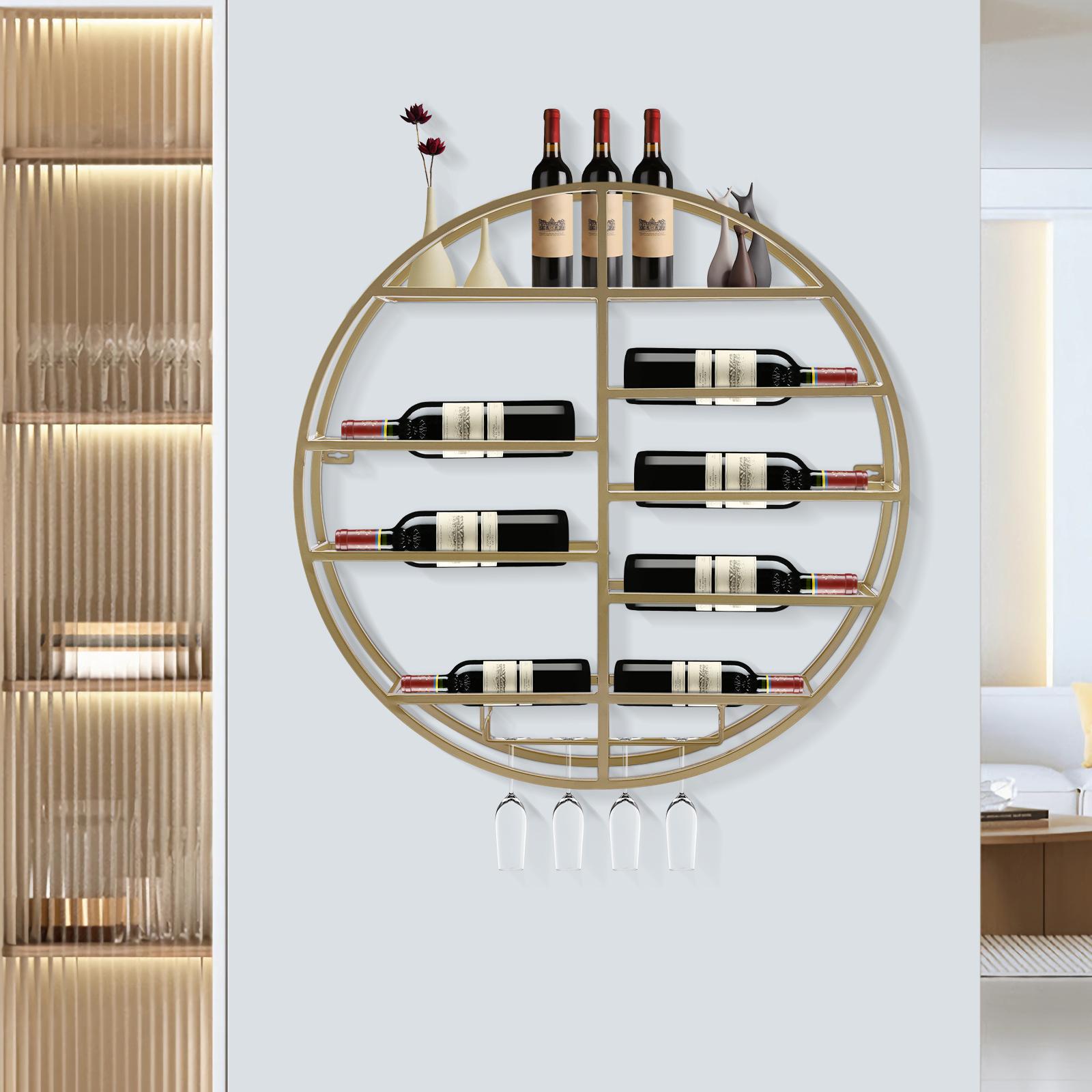 

Gold Wall Mounted Wine Rack, Round Iron Wine Display Shelf for 4 Glasses, 60cm Diameter Rustic Home Bar Storage, Kitchen Decor золотой