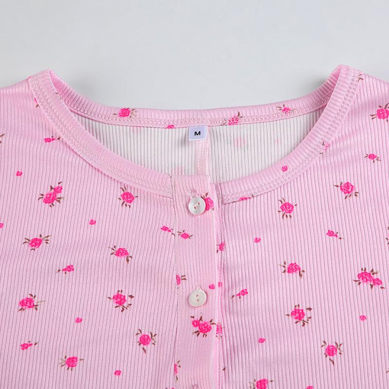 European and American Spring/summer Casual Floral Round Neck Breasted Long Sleeved Sexy Slim Fit Jumpsuit