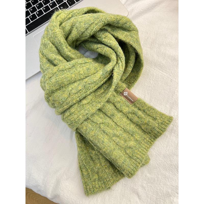 Whitening Avocado Green Twist Scarf for Women Korean Versatile Solid Color Wool Blend Warm Scarf Winter Couple Style