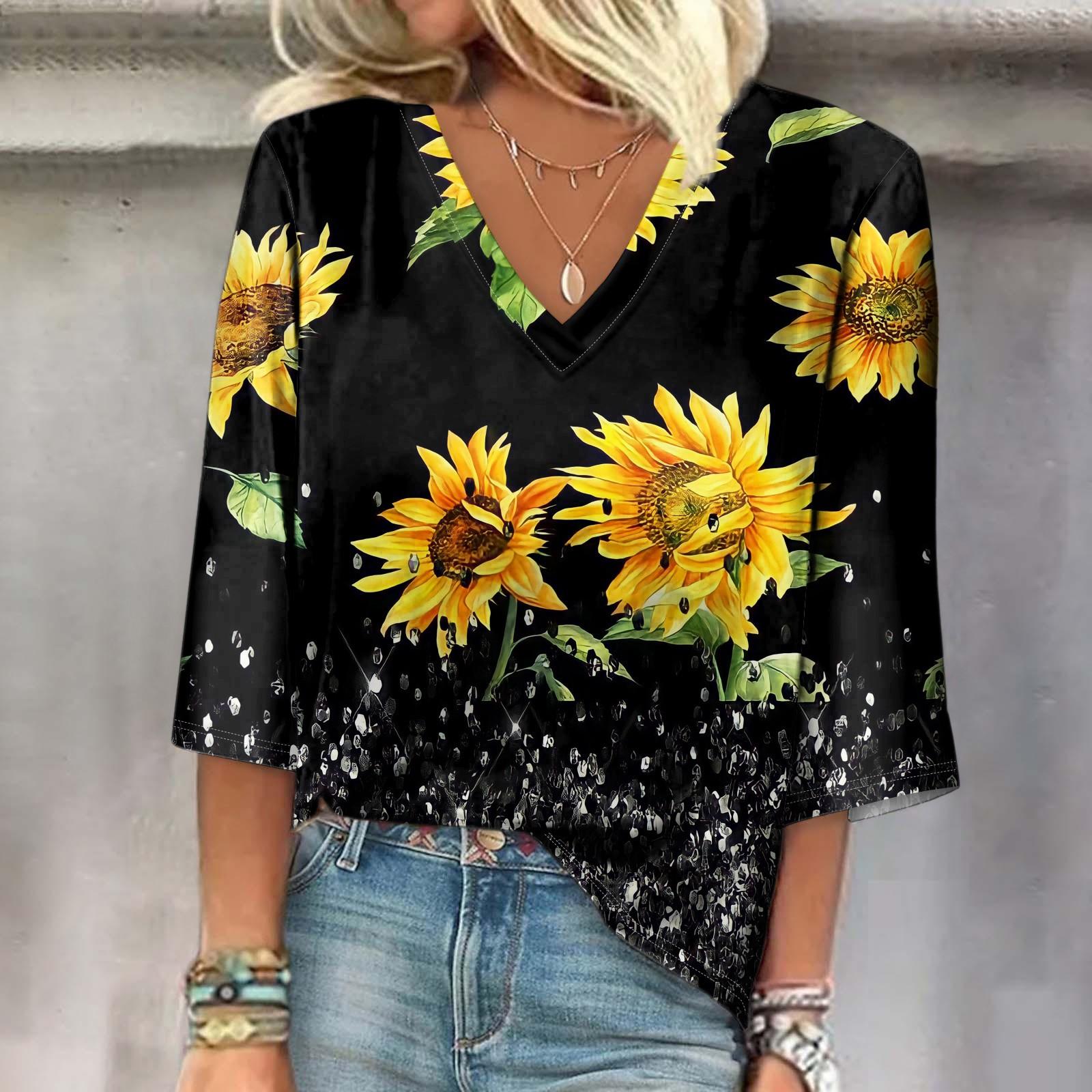 

Женская рубашка, блузка, повседневные свободные рубашки, рукава 3/4, топы с v-образным вырезом и принтом, топы с принтом, футболки, футболки XL жёлтый