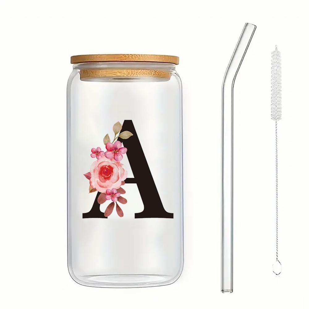 500ml Buchstaben Blume A-Z Kaffeetassen Büro Zuhause 16OZ Glastasse mit Bambusdeckeln & Strohhalm Geburtstags- Valentinstagsgeschenke Tasse Frauen