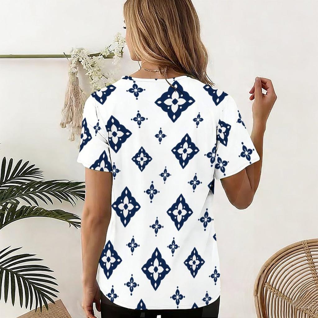 Women Plus Size U Neck Short Sleeve Printed T Shirt Geometric Pattern Navy Blue Curved Hem