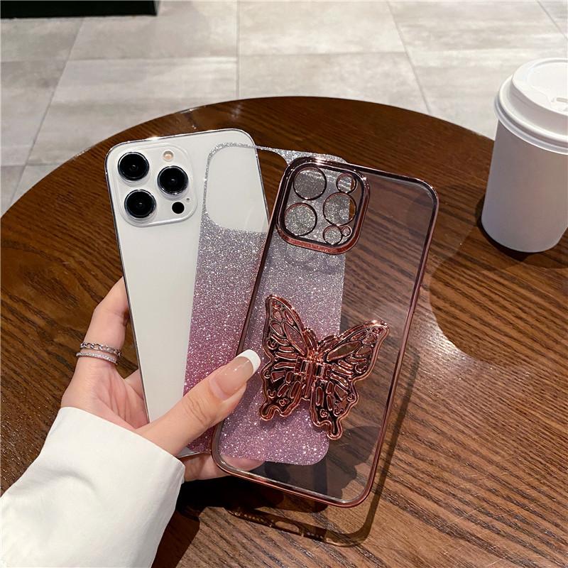 Sparkly Phone Case for iPhone 17 16 15 Pro Max with Butterfly Stand Gradient Full Cover Glitter Case