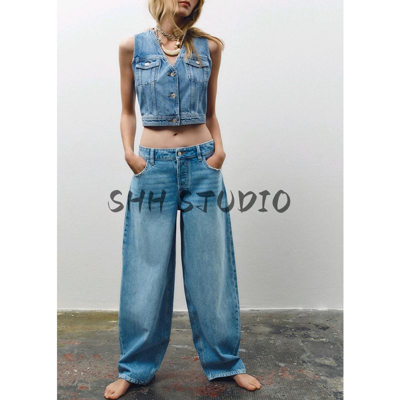 Women's Spring Clothing Balloon Style High Waist Jeans 3777025 V Neck Sleeveless Denim Vest 3777024