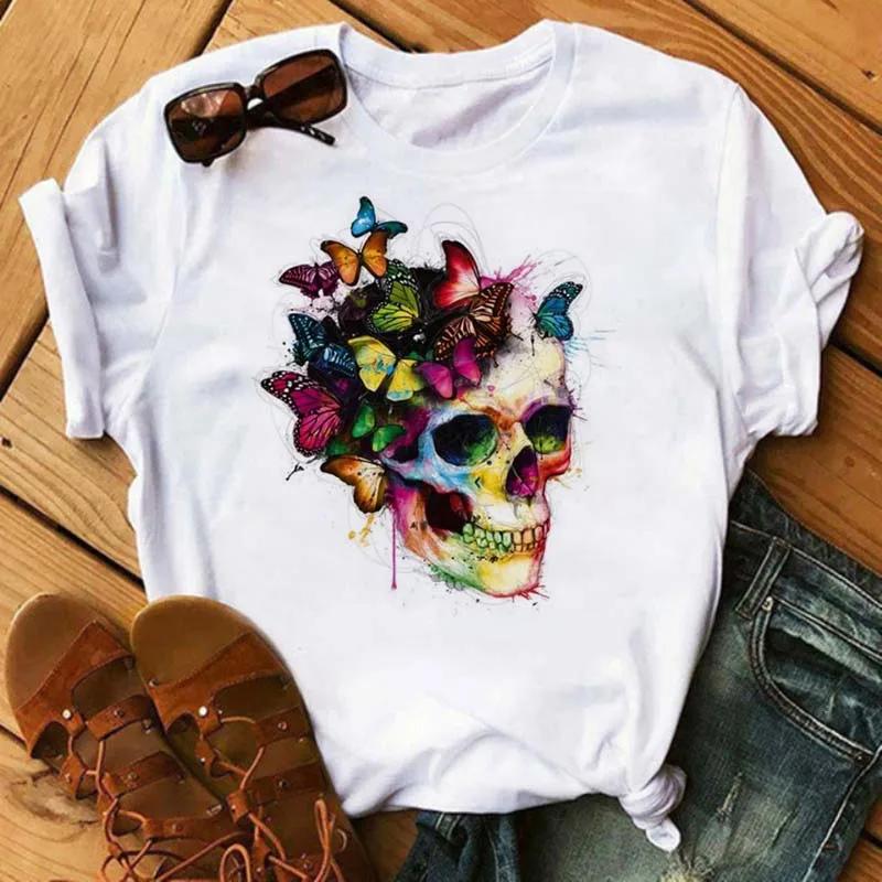 Fashion Leopard Skull Printed Women T-shirt Summer Loose Black Female T-shirt Casual Round Neck Harajuku Tops Woman Clothes