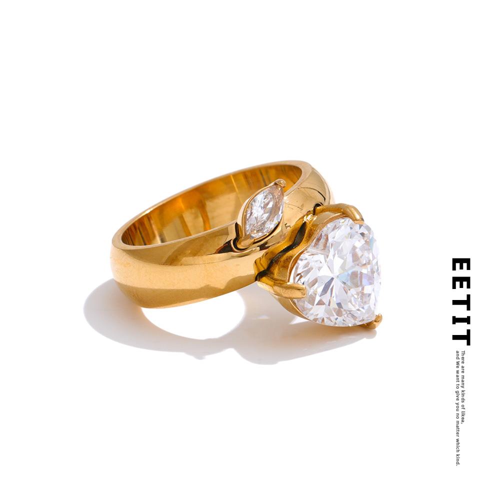 Eetit 18K Golden PVD Plated Rust Prevention Bling Cubic Zirconia Ring for Women Stainless Steel Fashion Smooth Jewelry