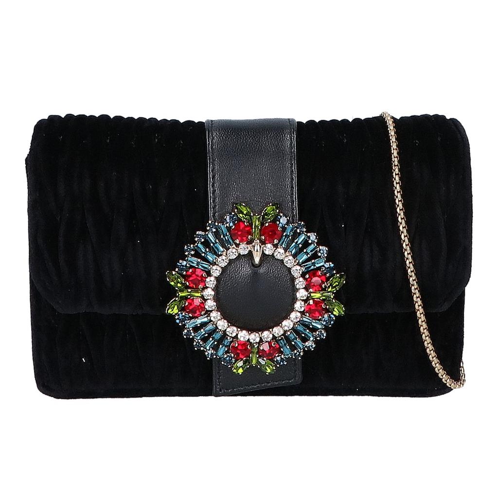 MIUMIU 5BH095 Velour Matelasse Multi-Jeweled Flap 2-Way Clutch Bag Chain Shoulder bag Black/GDHardwareUsed