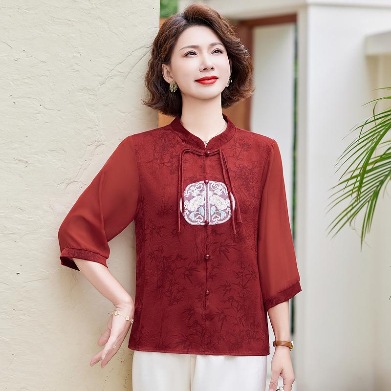 Mom's New Summer Chiffon Blouse: Chinese-Style Two-Piece Set for Middle-Aged & Elderly Women
